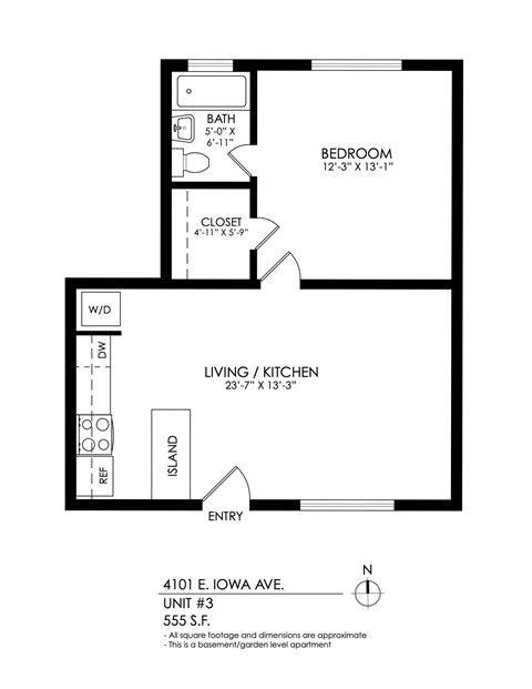 A floor plan for a living/kitchen area, bedroom, and bathroom.